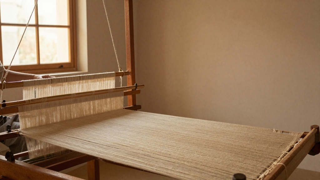Traditional wooden weaving loom with natural linen threads