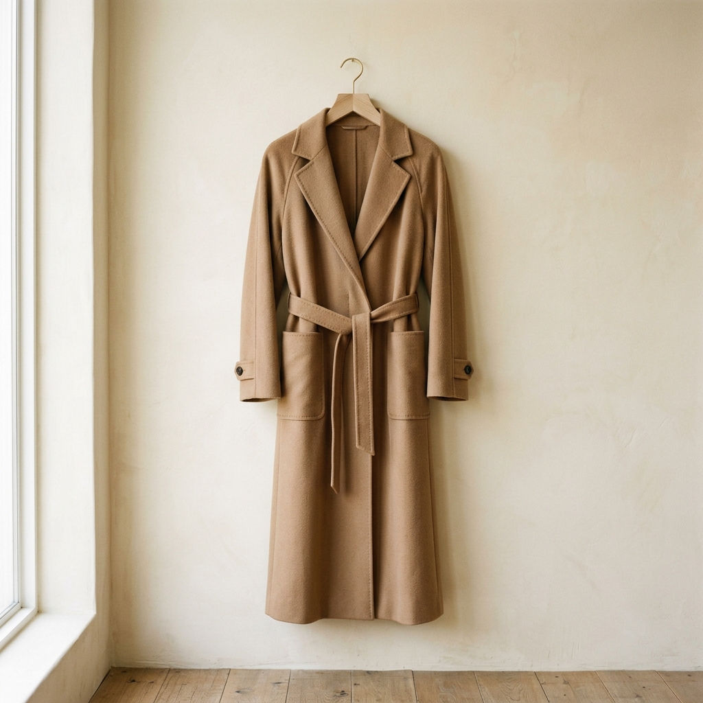 Elegant camel cashmere coat hanging on a wooden hanger