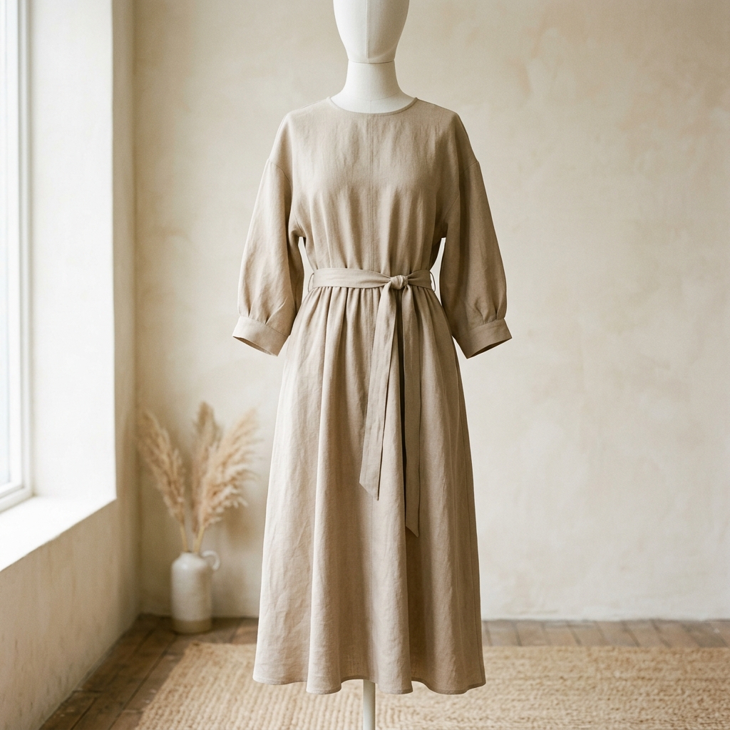 Flowing sand-colored linen midi dress on a mannequin