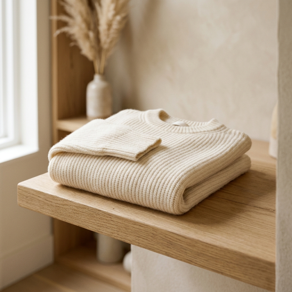 Folded cream cashmere sweater on an oak shelf